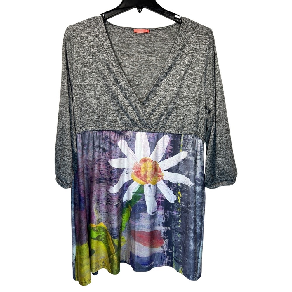 Simply‎ Aster Top Tunic 1X Gray Floral Print V Neck Long Sleeve Womens